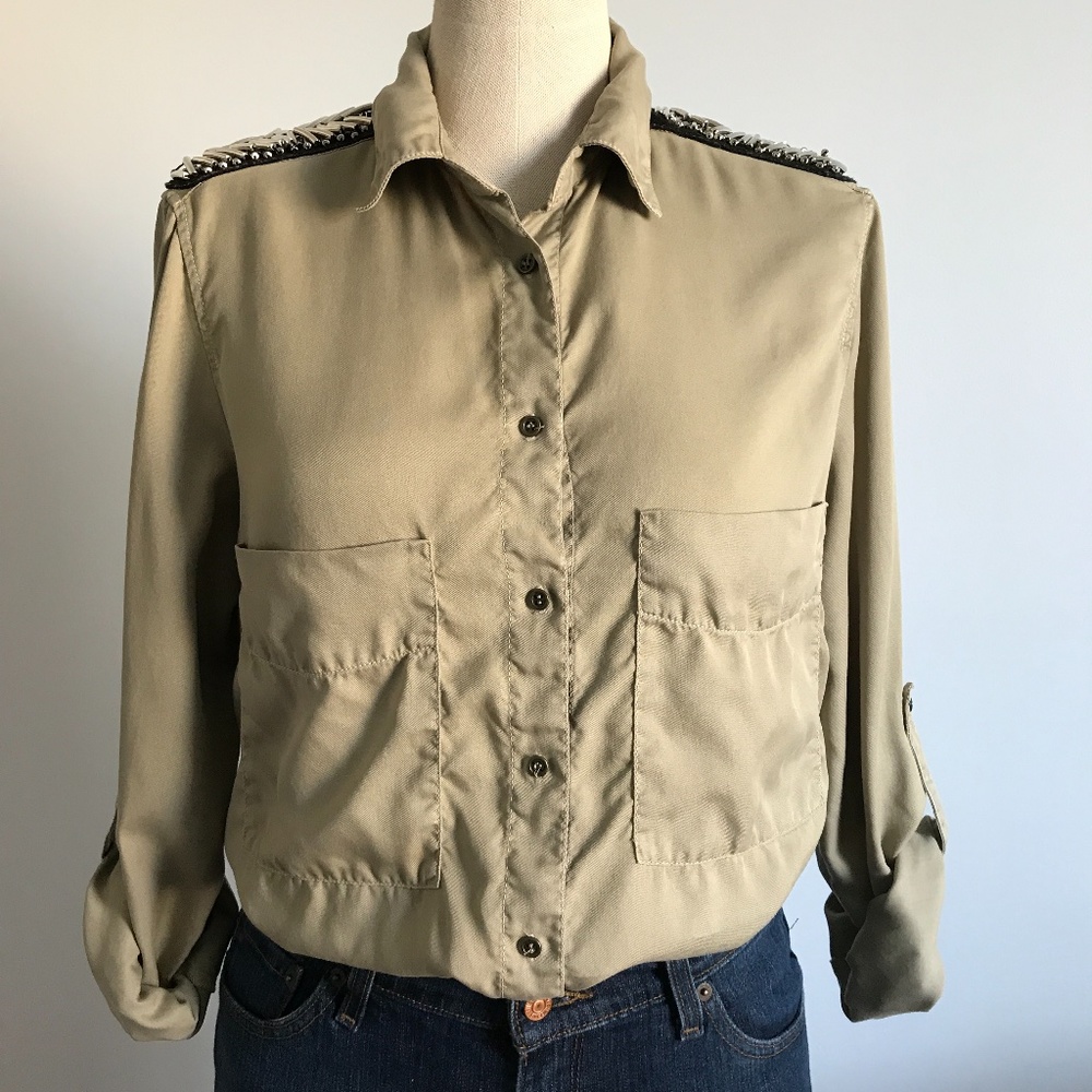 Zara - Tan Military Long Sleeve Button Up Shirt - Picture 2 of 15
